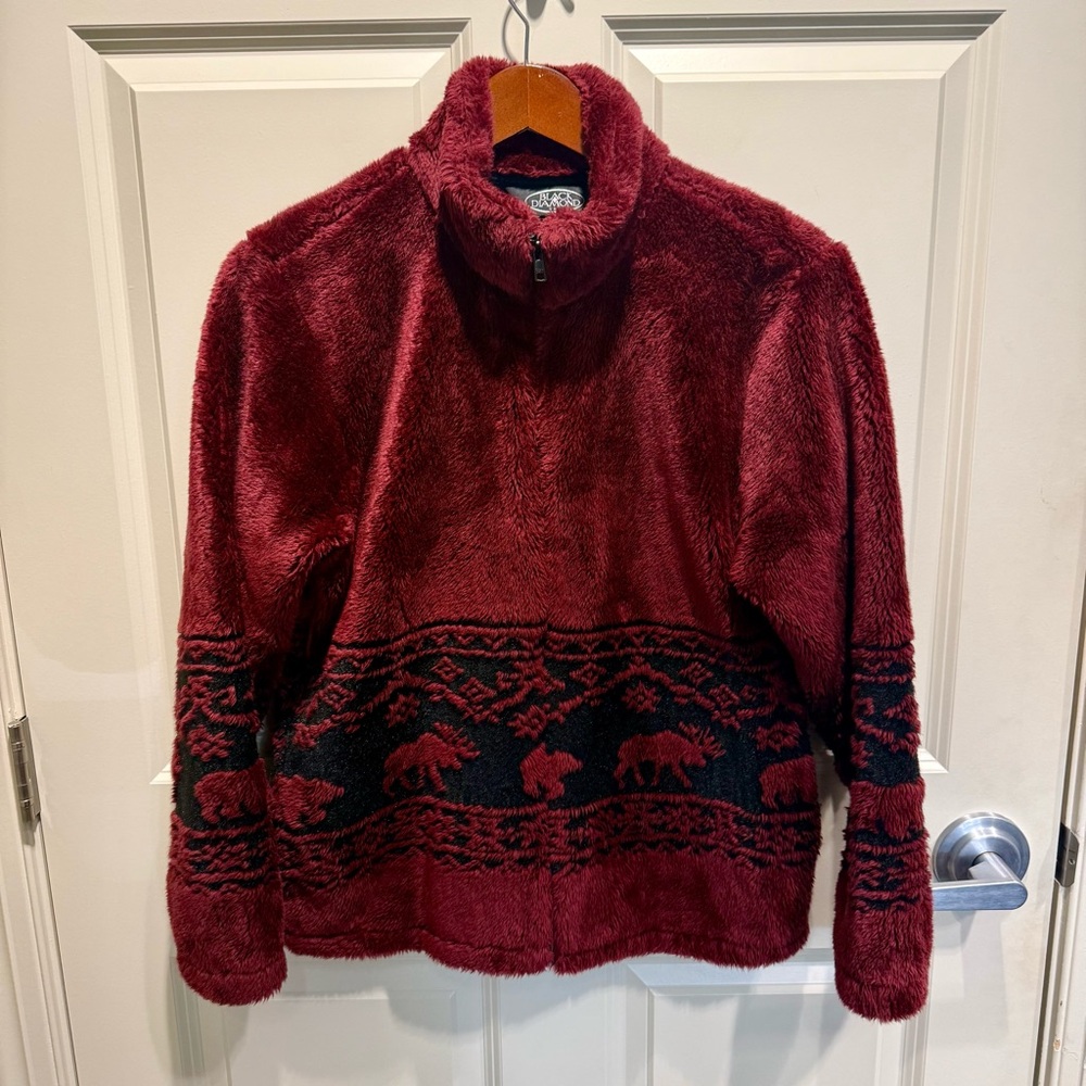 Vintage Black Diamond Red Black Fleece Full Zip Jacket Moose Bear Women’s Small